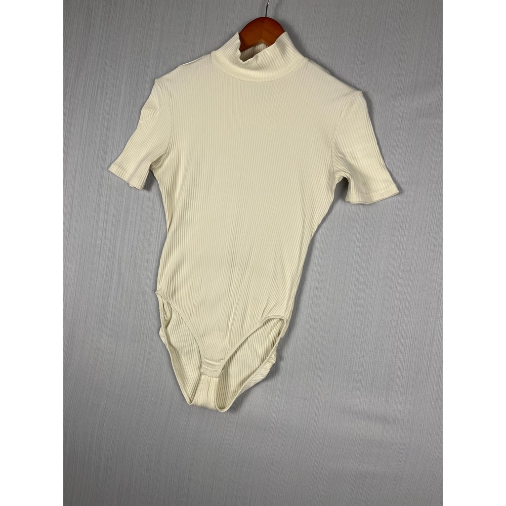 VTG Gap Bodysuit Womens L Cream Ribbed Mock Neck Short Sleeve Minimalist‎